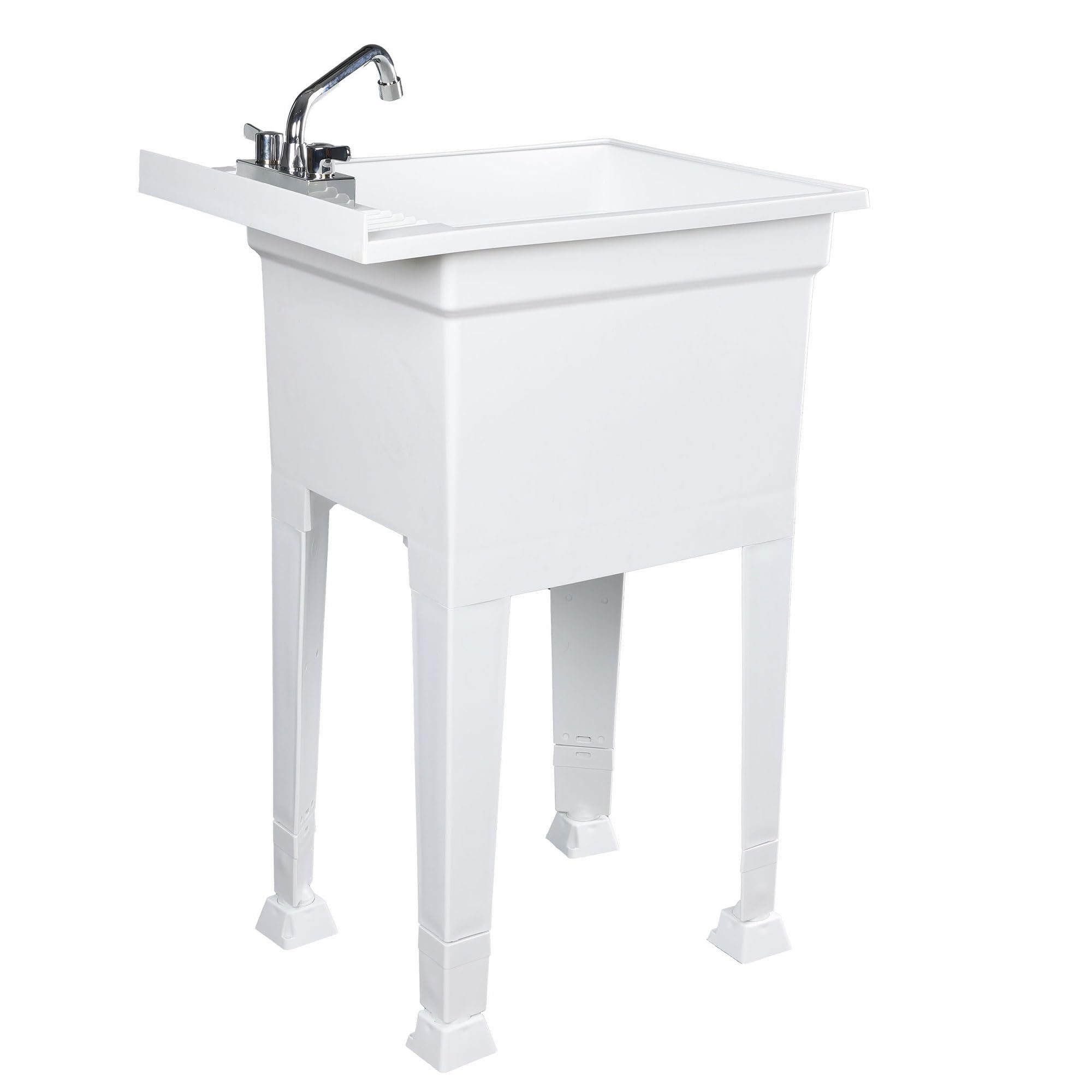 UTILITYSINKS 18 Inch Plastic Freestanding Utility Tub Sink with Heavy Duty Stainless Steel Swing Faucet for Garage, Laundry Room, and Garden, White