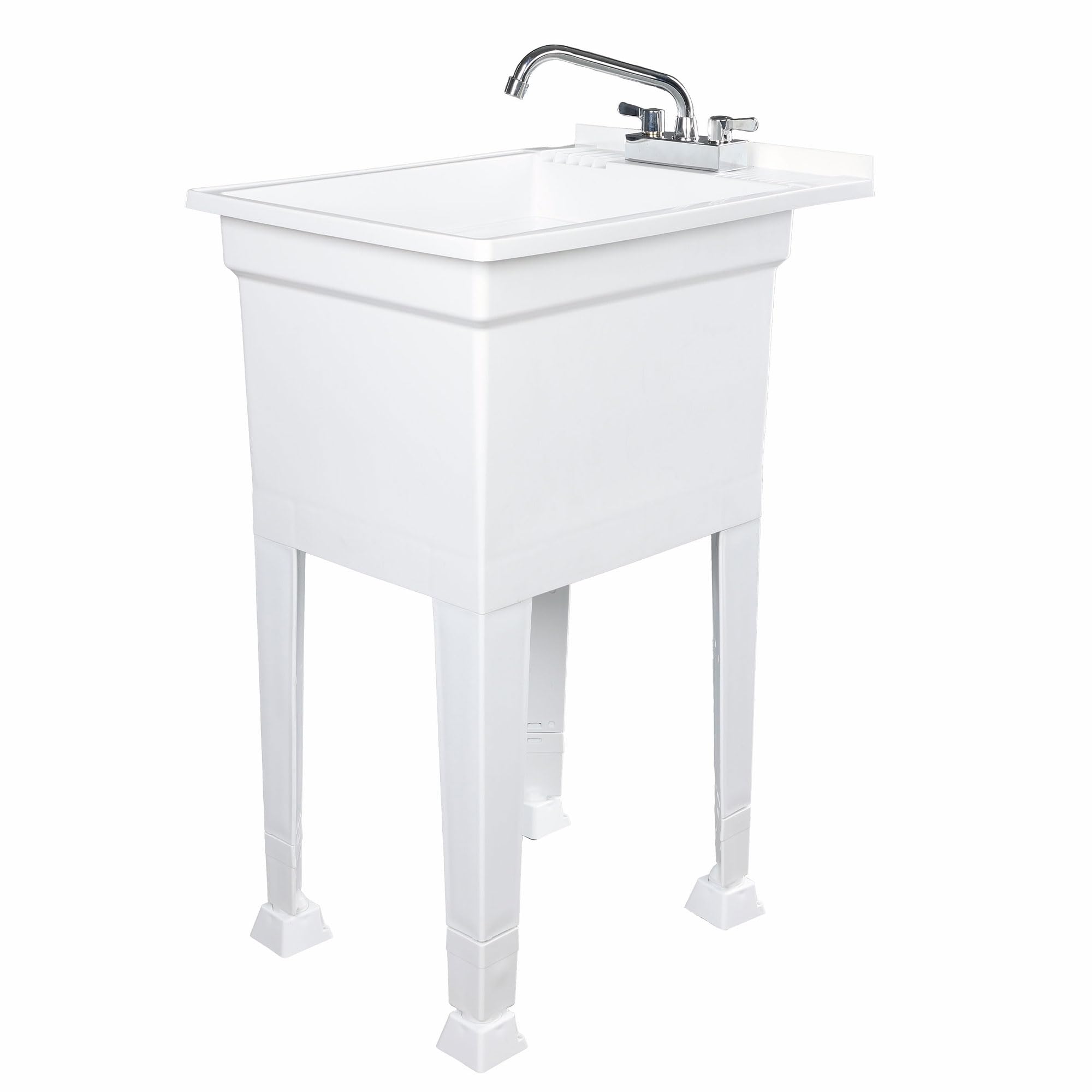 UTILITYSINKS 18 Inch Plastic Freestanding Utility Tub Sink with Heavy Duty Stainless Steel Swing Faucet for Garage, Laundry Room, and Garden, White