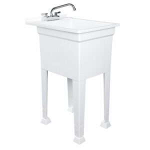 UTILITYSINKS 18 Inch Plastic Freestanding Utility Tub Sink with Heavy Duty Stainless Steel Swing Faucet for Garage, Laundry Room, and Garden, White