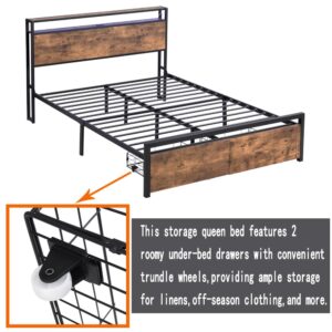 Industrial Queen Platform Bed Frame with LED Lights, Storage Headboard, 2 Drawers, and Charging Station - No Box Spring Needed