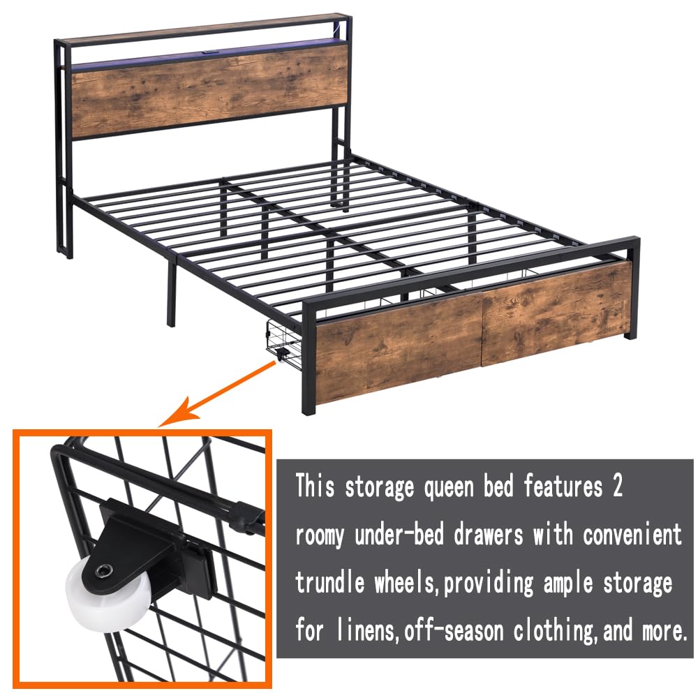 Industrial Queen Platform Bed Frame with LED Lights, Storage Headboard, 2 Drawers, and Charging Station - No Box Spring Needed