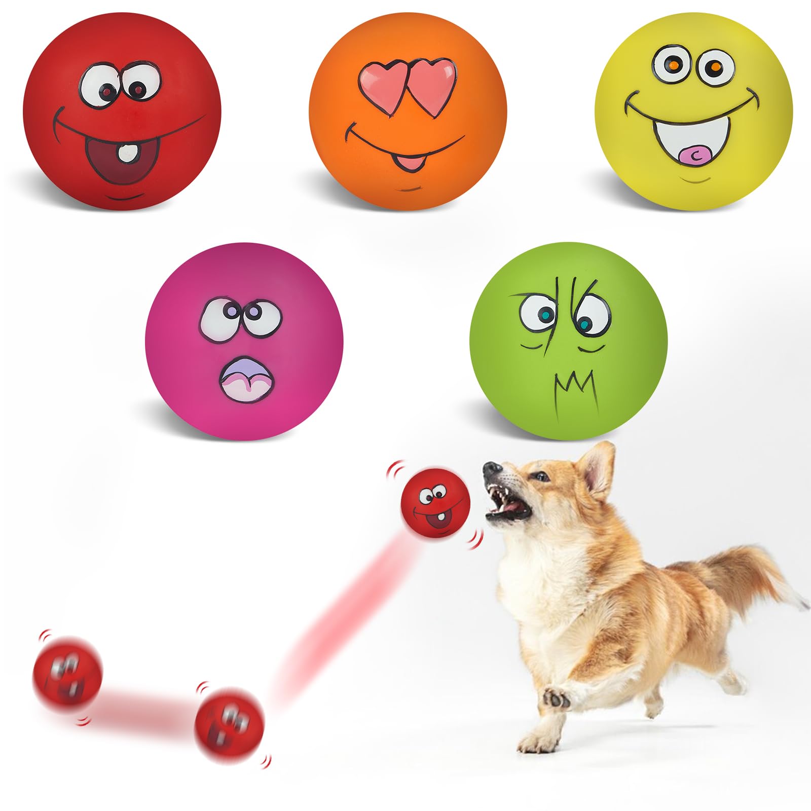 Coricorsu Squeaky Dog Toy Chewing Dog Toys Durable Teething Latex Rubber Soft Interactive Fetch Play Dog Balls with Funny Face for Puppy Small Medium Pet Dog (5PCS)