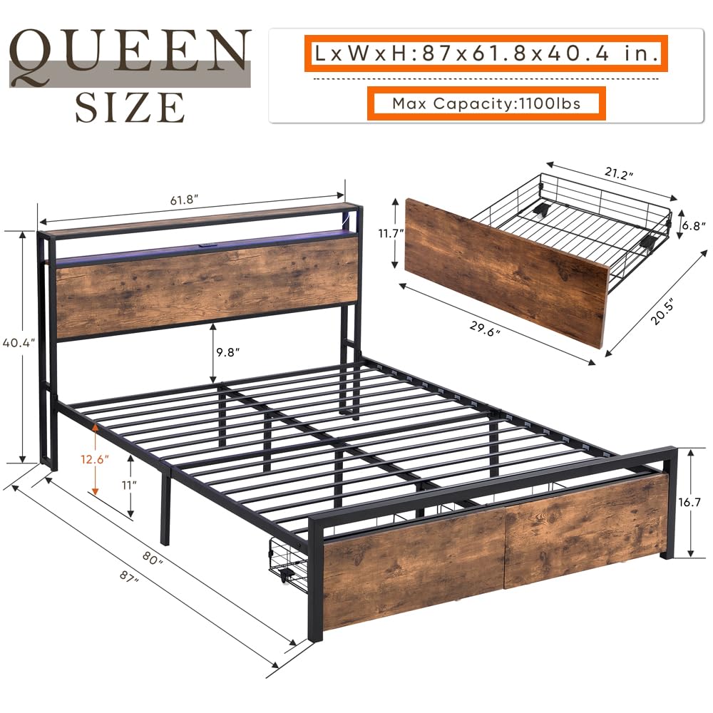 Industrial Queen Platform Bed Frame with LED Lights, Storage Headboard, 2 Drawers, and Charging Station - No Box Spring Needed