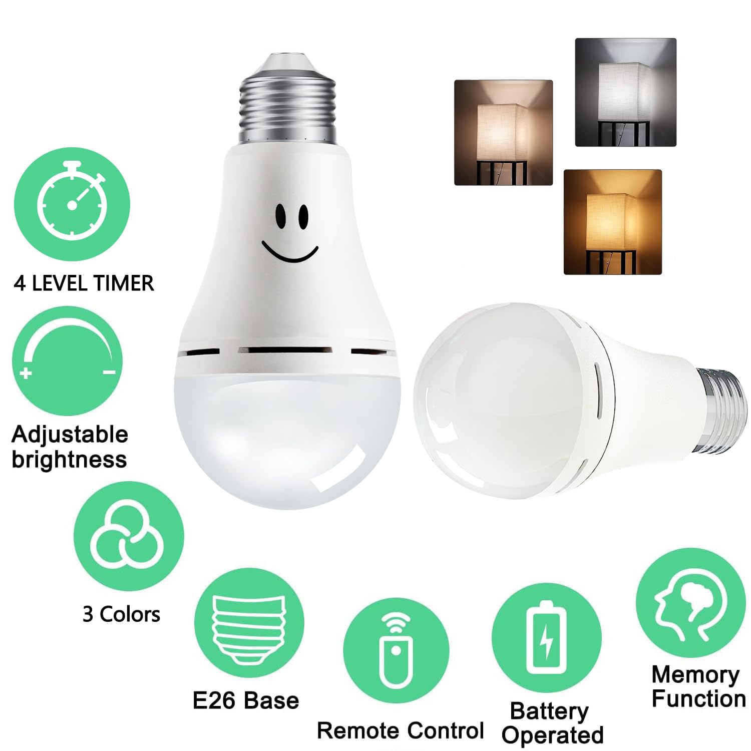 E26 Rechargeable Battery Operated Light Bulb,2Packs,300LM,40W Equivalent,Rechargeable Light Bulbs with Remote Control Timer and 3 Color Temperature,Puck Emergency Lamp,Dimmer,for Non-Hardwired