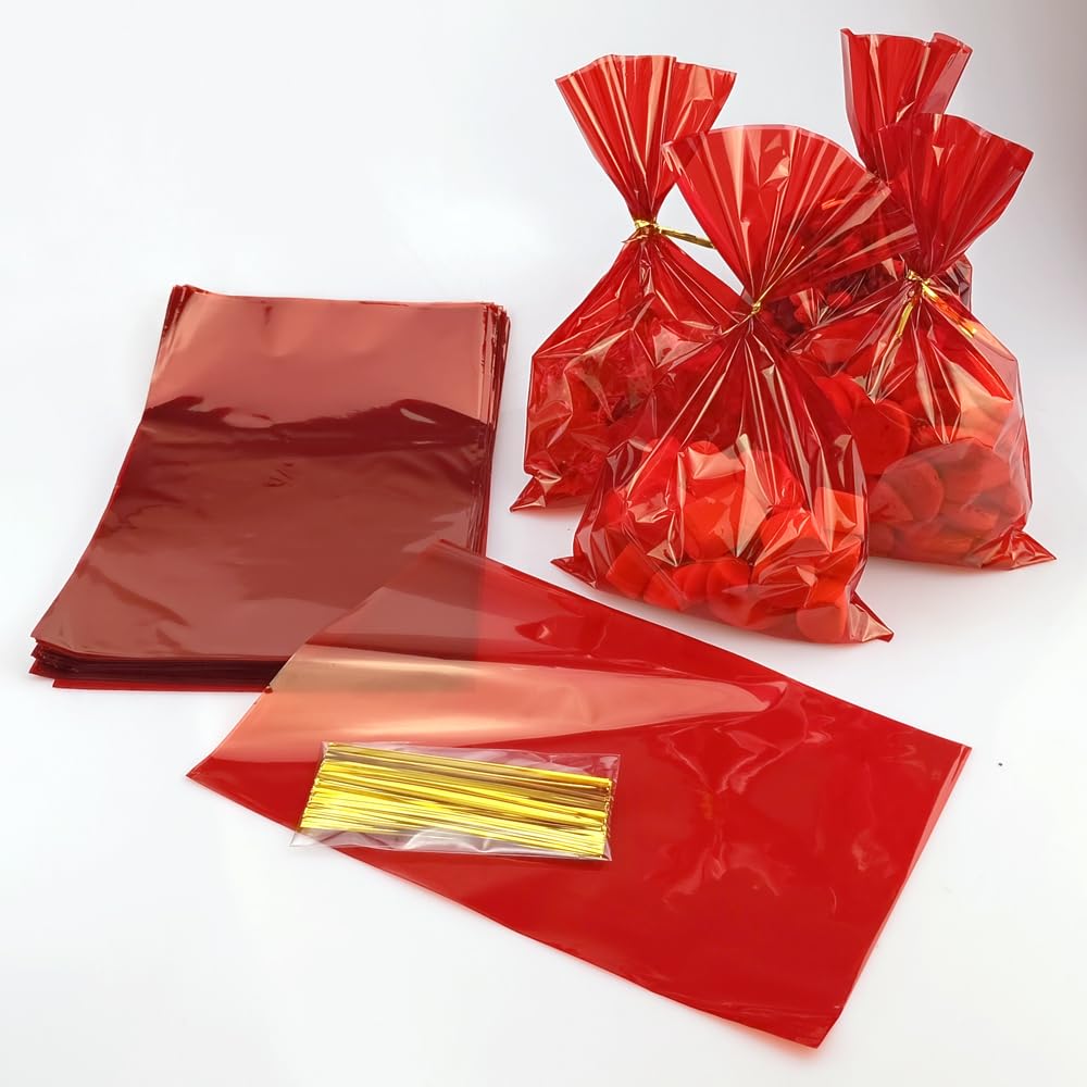 FAZHBARY 100 PCS Red Cellophane Bags 6x9 Red Goodie Bags Colored Cellophane Bags Cello Bags Gift Bags for Candy Cookie Wrapping Supplies