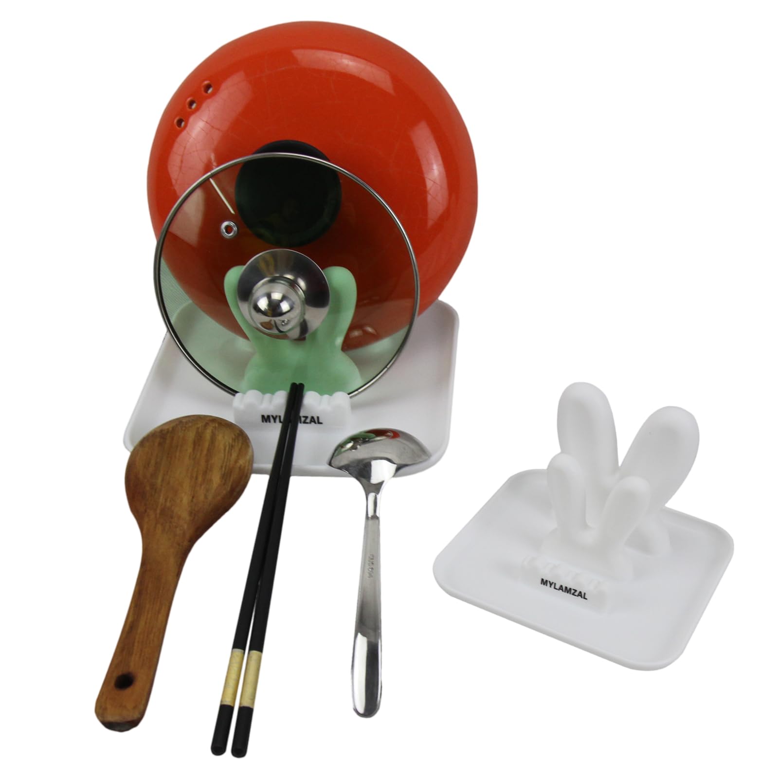 MYLAMZAL Spoon Rest for Stove Top,Spoon and Lid Rest,Pot Lid Holder While Cooking,Cute Spoon Rest for Kitchen Counter,Spoon Rest with Lid Holder,Stove Spoon Rest for Supoon、Pans、Spatula、Ladle - White