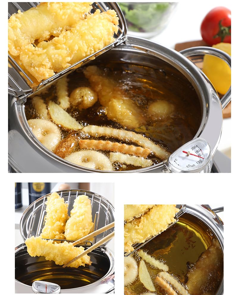 Deep Fryer Pot, Japanese Style Tempura Deep Fryer Frying Pot With Thermometer, Lid, Oil Drip Drainer Rack for French Fries Fish Shrimp Chicken 7.9 Inch/2.2 L 304 Stainless Steel Gifts