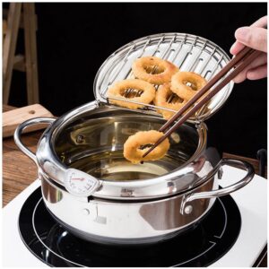 Deep Fryer Pot, Japanese Style Tempura Deep Fryer Frying Pot With Thermometer, Lid, Oil Drip Drainer Rack for French Fries Fish Shrimp Chicken 7.9 Inch/2.2 L 304 Stainless Steel Gifts