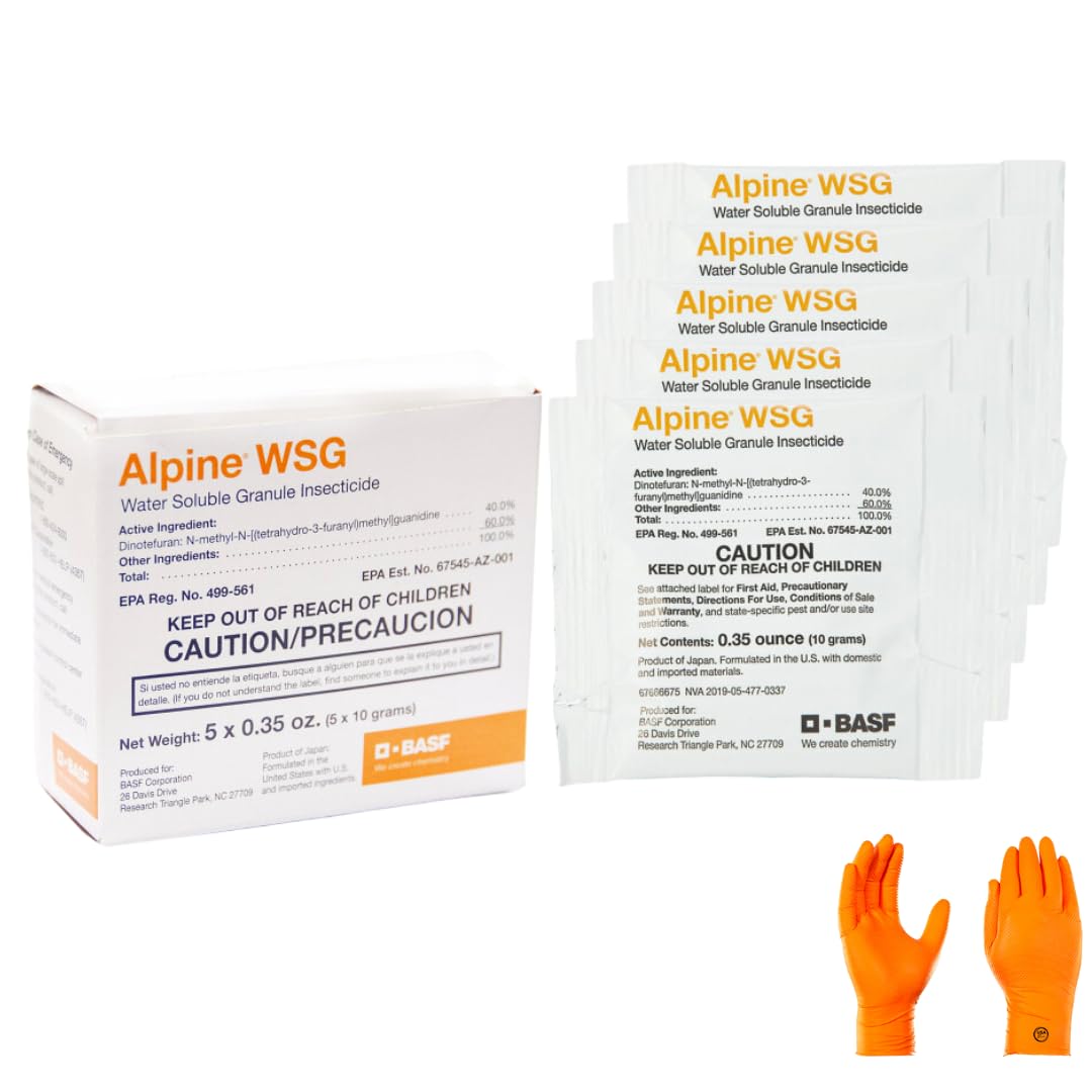 Alpine WSG Insecticide: 1 Box with 5 x 10g Packets and USA Supply Protective Gloves & Pest Identifcation Card | Target Pests: Ants, German roaches, Bed Bugs for Indoor & Outdoor use.