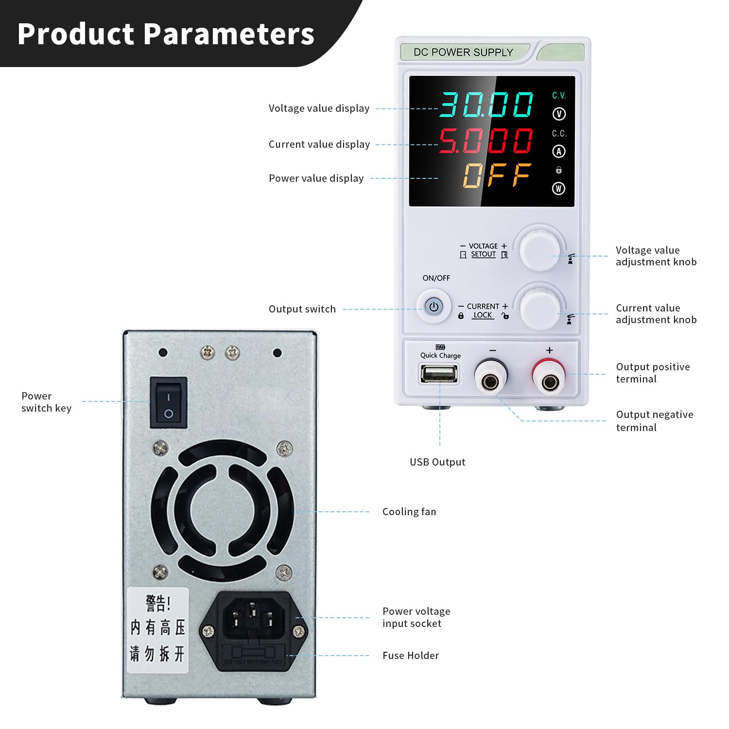 Luckyrao DC Power Supply Adjustable Variable Regulated Power Supply, High Precision Digital Switching Power Supply, with USB Charging Interface， with Encoder knob Adjustment (30V5A)