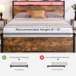 Industrial Queen Platform Bed Frame with LED Lights, Storage Headboard, 2 Drawers, and Charging Station - No Box Spring Needed