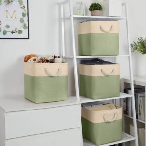 Eytueo 6 Pcs 11x11 Inch Linen Fabric Cube Storage Bins, Collapsible Green Fabric Closet Organizers Basket with Drawstring Handheld, Canvas Shelf Basket for Wardrobe, Shelf Storing Closet Toys Books