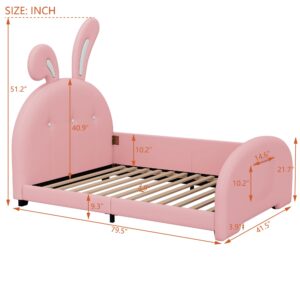 Cute Twin Size Upholstered Princess Bed,Platform Bed with Rabbit-Shape Headboard and Footboard,for Kids Toddlers Boys Girls Bedroom Use (Pink@Rabbit, Twin)