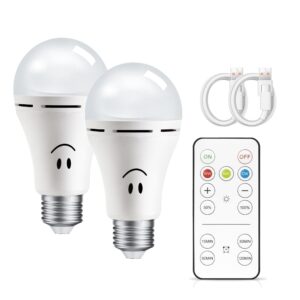 e26 rechargeable battery operated light bulb,2packs,300lm,40w equivalent,rechargeable light bulbs with remote control timer and 3 color temperature,puck emergency lamp,dimmer,for non-hardwired