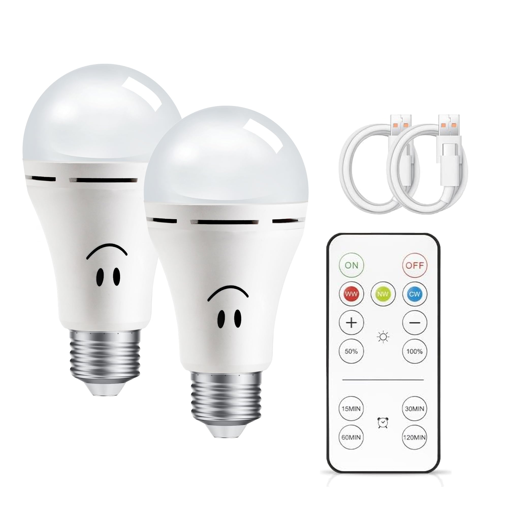 E26 Rechargeable Battery Operated Light Bulb,2Packs,300LM,40W Equivalent,Rechargeable Light Bulbs with Remote Control Timer and 3 Color Temperature,Puck Emergency Lamp,Dimmer,for Non-Hardwired