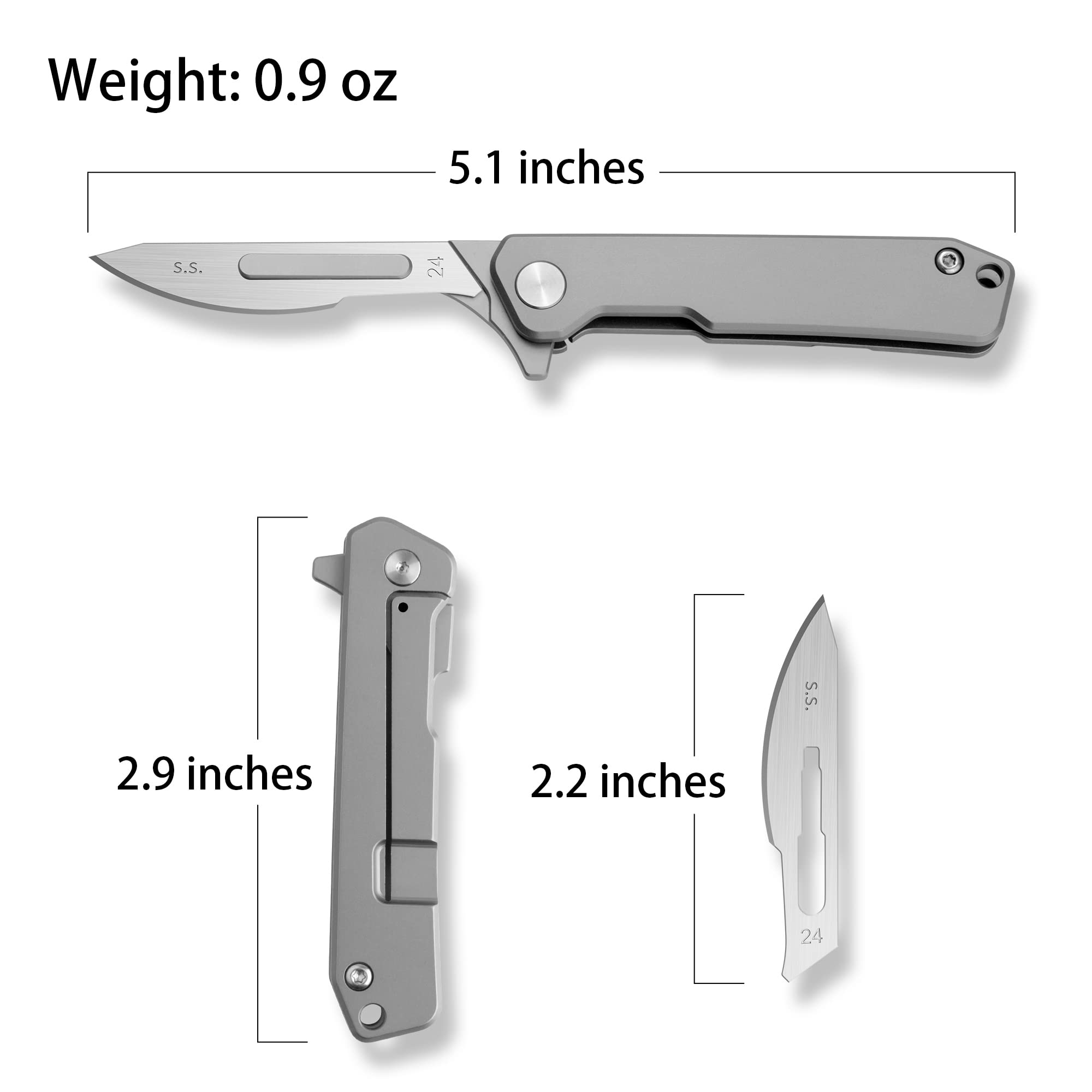 OLITANS T034 Folding scalpel knife, 2.9'' Titanium alloy handle, with 10pcs #24 Stainless Steel Blade, Outdoor EDC for Unpacking