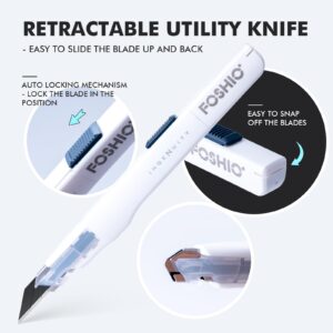 FOSHIO Craft Knife for Art, Craft, Model Making, Auto Locking Retractable Utility Knife with 10PCS Replacement Snap Off Blades 9MM, Box Cutter for Cartons, Cardboard, Leather and Boxes (White)