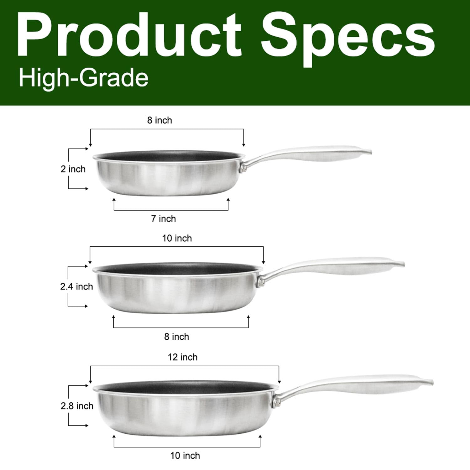 AUDANNE 6 Piece Nonstick Frying Pan Set Stainless Steel with Lid, 8 inch &10 inch & 12 inch Non Stick Skillet with Handle - PFOA Free, Oven Safe Non-stick Teflon Coating Induction Cooking Cookware