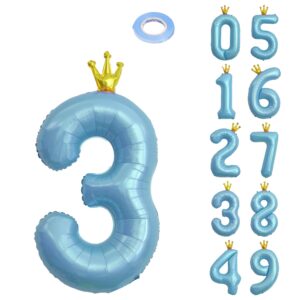 yfhvjtko 40 inch baby blue number 3 conjoined crown balloon,3rd celebration decorations for happy 3rd birthday party wedding bridal shower engagement photo shoot anniversary decoration (blue number 3)