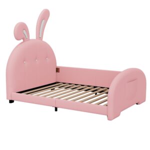 Cute Twin Size Upholstered Princess Bed,Platform Bed with Rabbit-Shape Headboard and Footboard,for Kids Toddlers Boys Girls Bedroom Use (Pink@Rabbit, Twin)