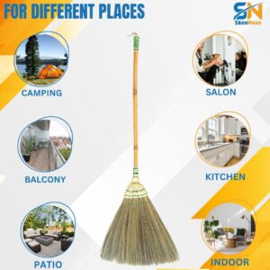 42" Handmade Natural Grass Broom with Solid Wood or Bamboo Stick, Sweep Debris Dirt Dust