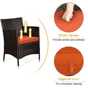 Tangkula 4-PCS Patio Rattan Conversation Set, Outdoor Wicker Furniture Set with Tempered Glass Coffee Table &Thick Cushion, Rattan Chair Wicker Set for Garden, Lawn, Poolside and Backyard (1, Orange)