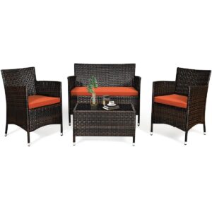 tangkula 4-pcs patio rattan conversation set, outdoor wicker furniture set with tempered glass coffee table &thick cushion, rattan chair wicker set for garden, lawn, poolside and backyard (1, orange)