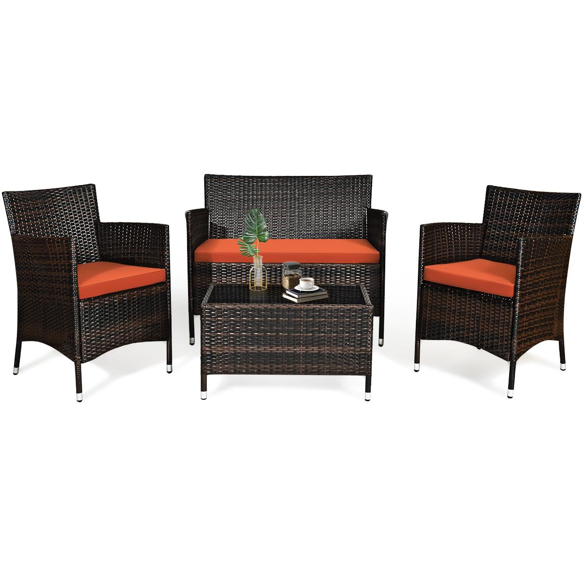 Tangkula 4-PCS Patio Rattan Conversation Set, Outdoor Wicker Furniture Set with Tempered Glass Coffee Table &Thick Cushion, Rattan Chair Wicker Set for Garden, Lawn, Poolside and Backyard (1, Orange)