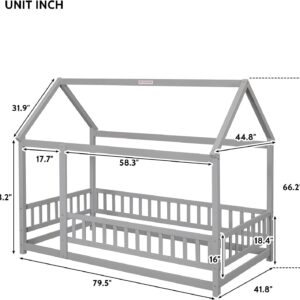 Harper & Bright Designs Twin Floor Bed for Kids, Wooden Twin Montessori Floor Bed with Fence-Shaped Rails, Twin Size House Bed for Girls, Boys(Twin, Grey)