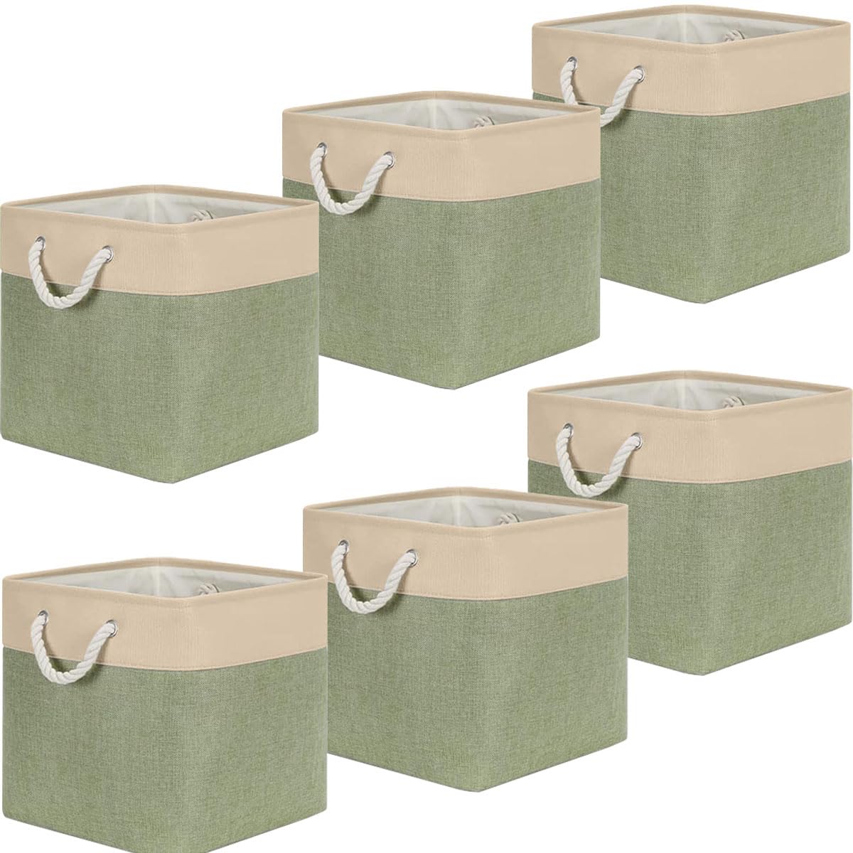 Eytueo 6 Pcs 11x11 Inch Linen Fabric Cube Storage Bins, Collapsible Green Fabric Closet Organizers Basket with Drawstring Handheld, Canvas Shelf Basket for Wardrobe, Shelf Storing Closet Toys Books