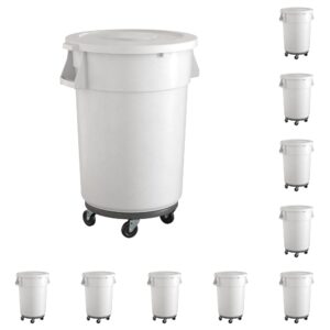 10-pack! 44 gallon white round commercial trash can with lid and dolly, perfect for restaurant, office, school, garage, backyard, workshop, warehouse