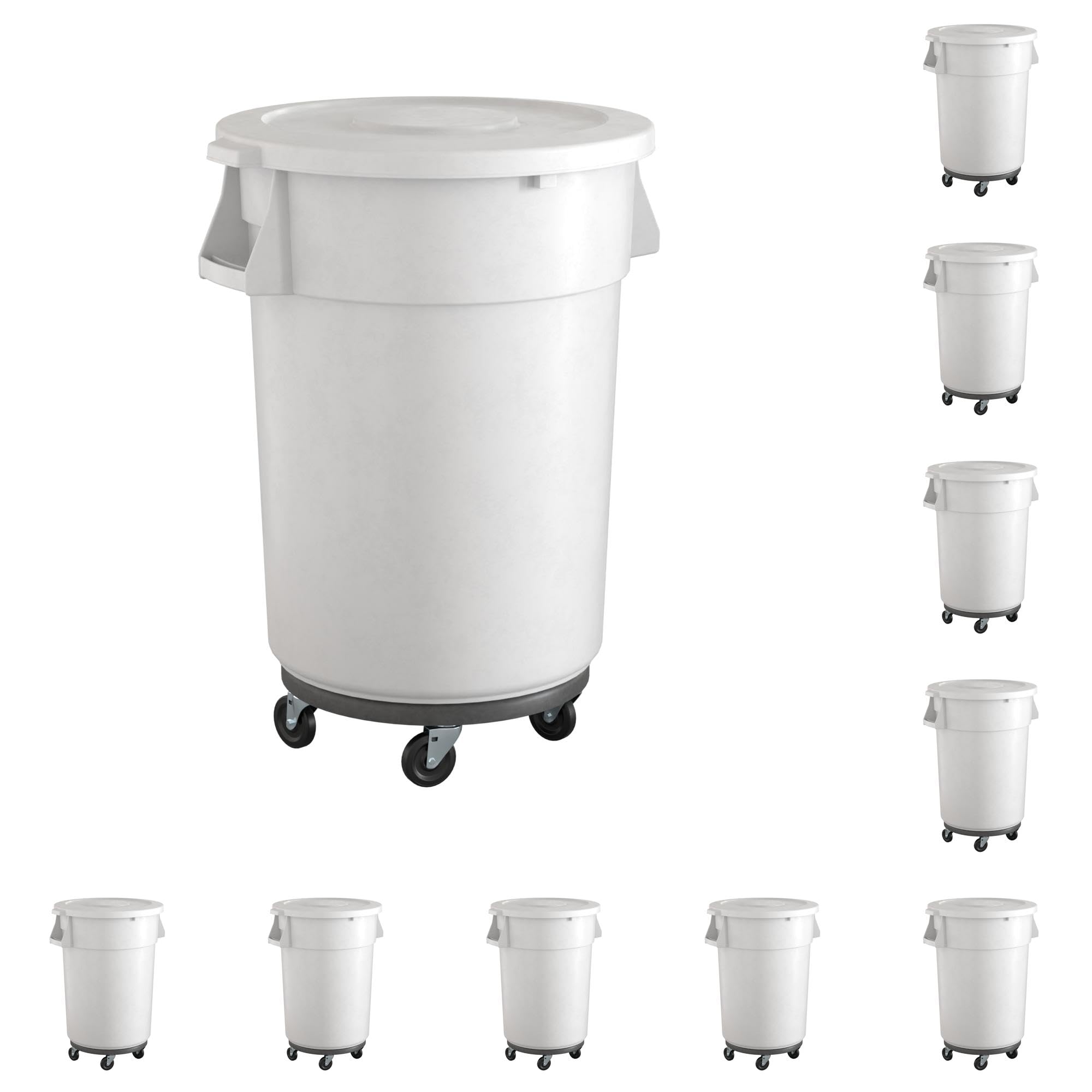 10-Pack! 44 Gallon White Round Commercial Trash Can with Lid and Dolly, Perfect for Restaurant, Office, School, Garage, Backyard, Workshop, Warehouse