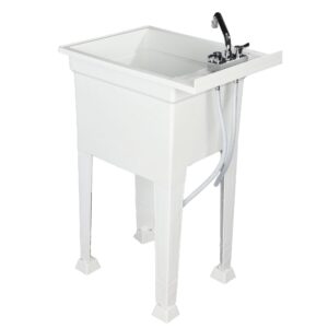 UTILITYSINKS 18 Inch Plastic Freestanding Utility Tub Sink with Heavy Duty Stainless Steel Swing Faucet for Garage, Laundry Room, and Garden, White