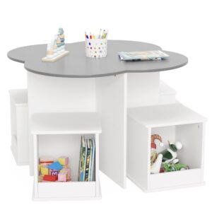 curipeer toddler table and chair set with 4 storage stools, flower shaped nesting design table with built-in pen holder, kids table for activity/play/art/read/craft, grey & white