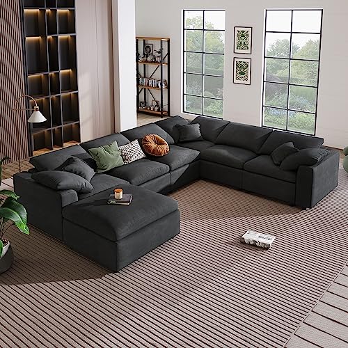 U Shaped Modular Sectional Sofa with Ottoman, 27.9'' Deep Seat Reversible Corner Couch with Detachable Cushion,Convertible Sofa&Couch Bed for Living Room, Office, Spacious Space