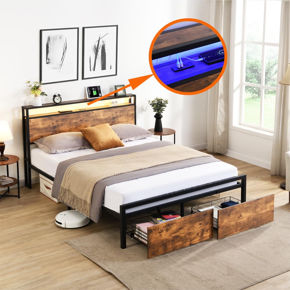 Industrial Queen Platform Bed Frame with LED Lights, Storage Headboard, 2 Drawers, and Charging Station - No Box Spring Needed