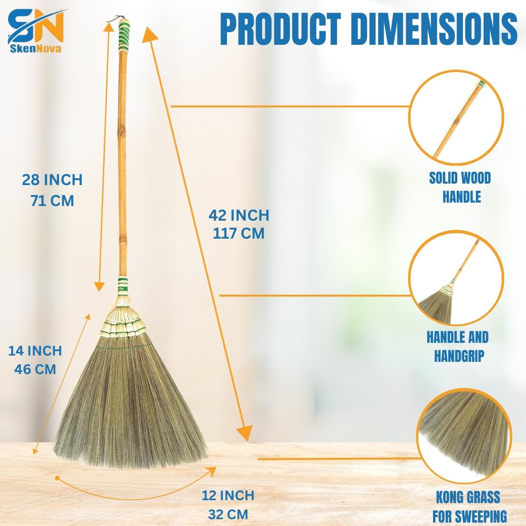 42" Handmade Natural Grass Broom with Solid Wood or Bamboo Stick, Sweep Debris Dirt Dust