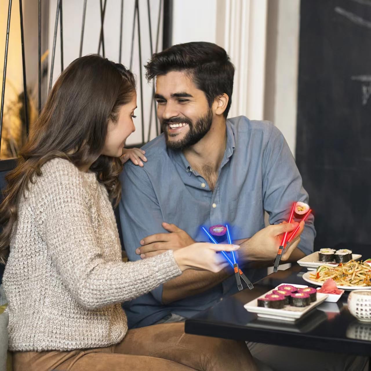 Lightsaber Chopsticks Light up - LED Glowing Light Saber Chopstick - Reusable Sushi Lightup Sabers Chop Sticks Set of 2 Pairs (Blue & Red)