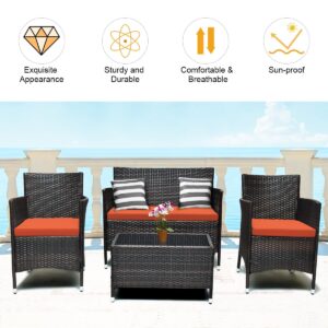 Tangkula 4-PCS Patio Rattan Conversation Set, Outdoor Wicker Furniture Set with Tempered Glass Coffee Table &Thick Cushion, Rattan Chair Wicker Set for Garden, Lawn, Poolside and Backyard (1, Orange)