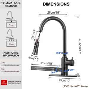 SUBMARINE Stainless Steel Brushed Nickel Kitchen Faucet, Pull Down Sprayer, Three Outlet Modes, with Waterfall Outlet, Single Hole Mounting Belt Base, Distinguish Between Cold and Hot Water (Gun gray)