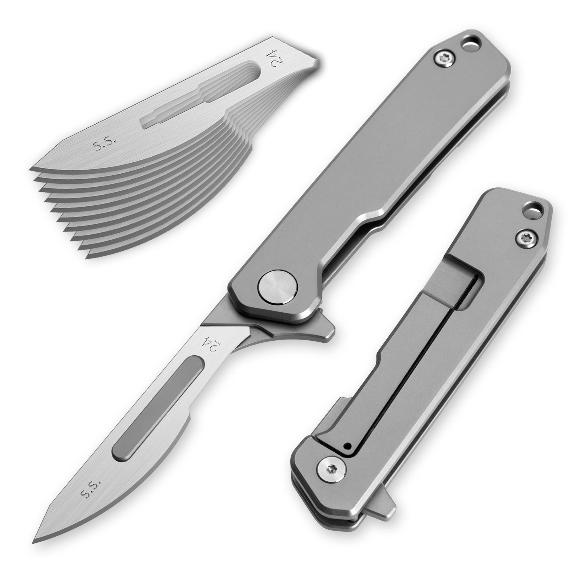 OLITANS T034 Folding scalpel knife, 2.9'' Titanium alloy handle, with 10pcs #24 Stainless Steel Blade, Outdoor EDC for Unpacking