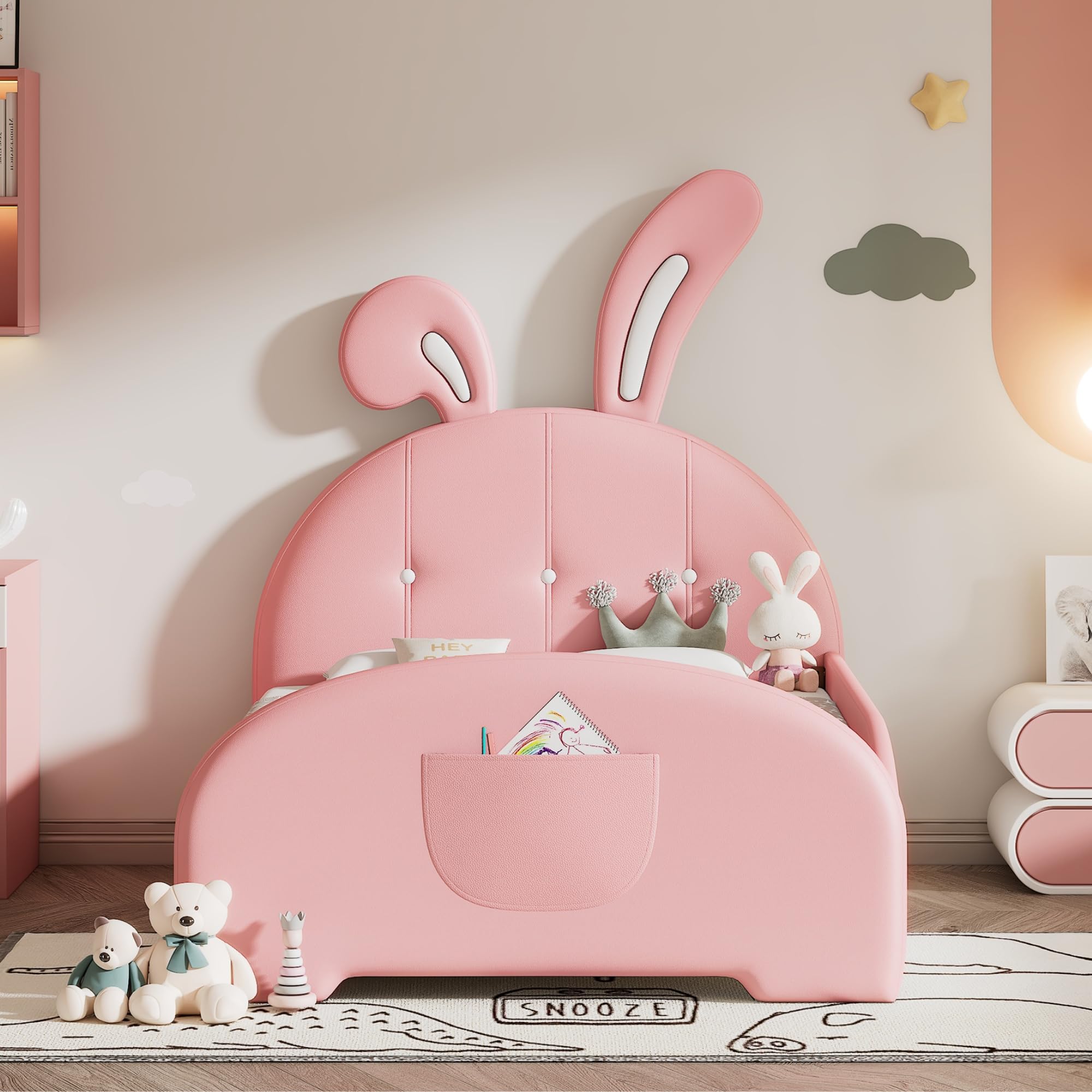 Cute Twin Size Upholstered Princess Bed,Platform Bed with Rabbit-Shape Headboard and Footboard,for Kids Toddlers Boys Girls Bedroom Use (Pink@Rabbit, Twin)