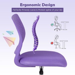 DORTALA Desk Chair for Teen, Kids Armless Swivel Small Cute Low-Back Mesh Office Chair Comfy with Adjustable Height, Lumbar Support, Ergonomic Computer Study Chair in Home Bedroom School, Purple