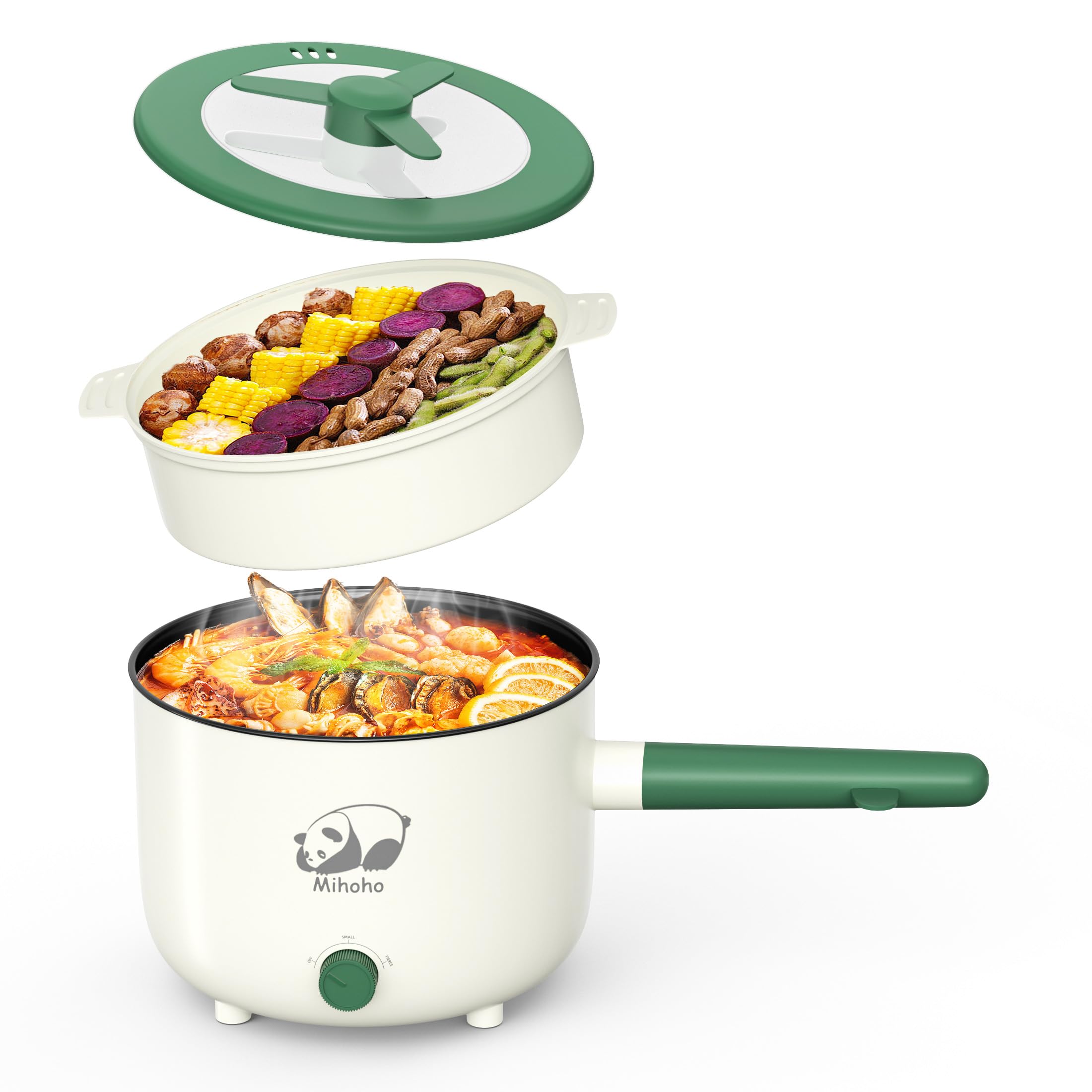 Electric Hot Pot with Steamer, Portable Nonstick Frying Pan with Dual Power Control, Electric Shabu Shabu Cooker for Noodle, Oatmeal, Pasta, Ramen, 1.5L (Green)