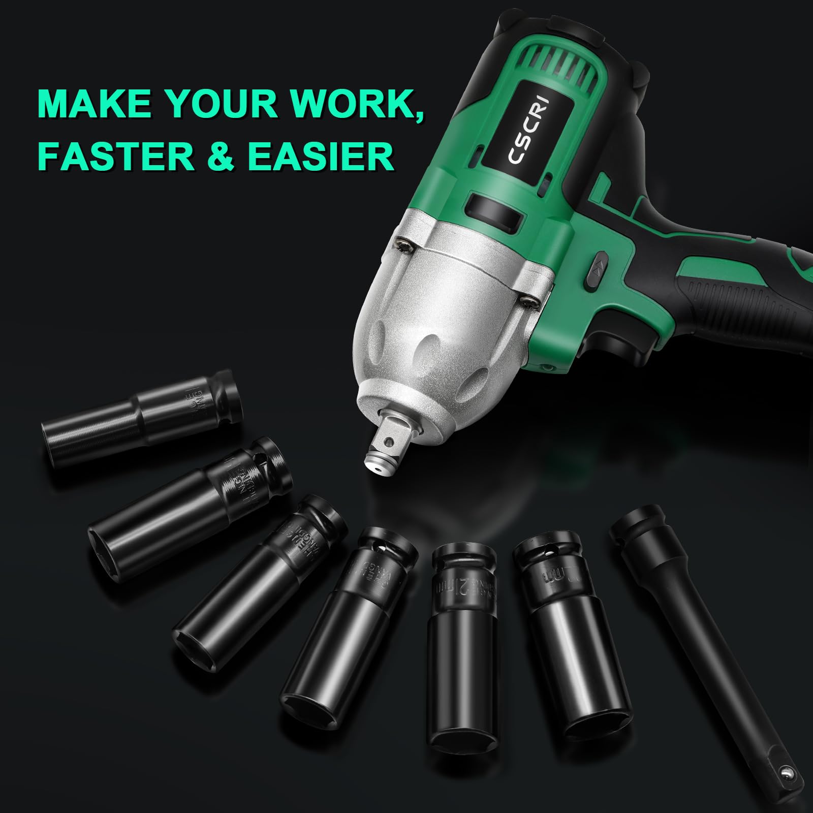 CSCRI Cordless Impact Wrench Kit 1/2 inch Brushless, Max Torque 580Ft-lbs(800N.m) Electric Impact Gun w/2x 4.0Ah Battery, Charger & 6 Sockets, Power Impact Driver for Car Home