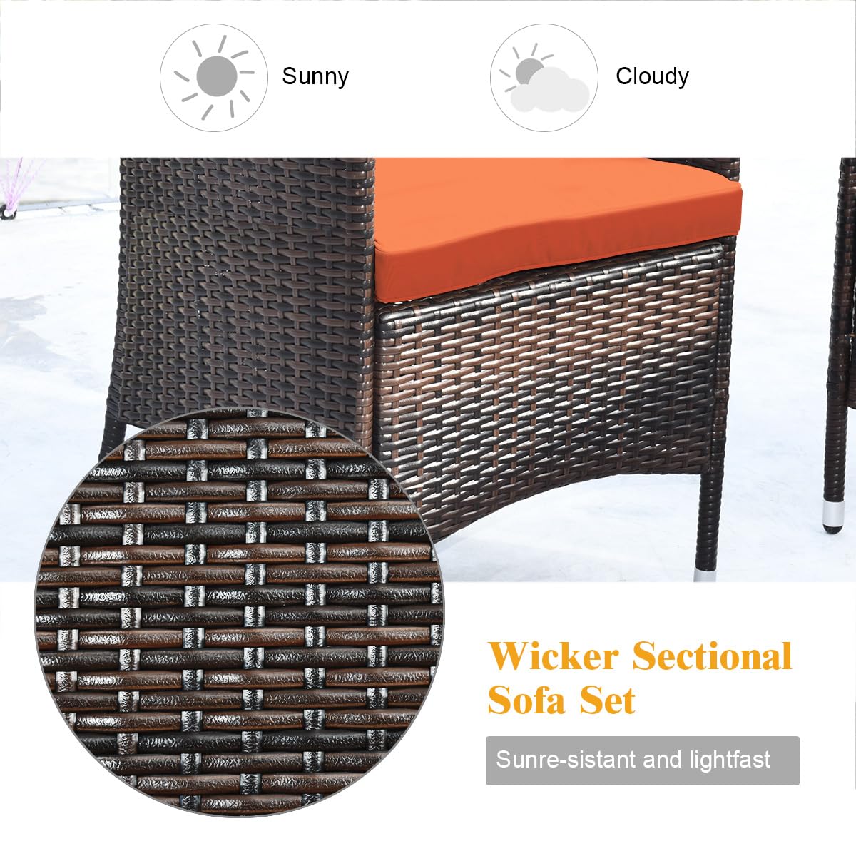 Tangkula 4-PCS Patio Rattan Conversation Set, Outdoor Wicker Furniture Set with Tempered Glass Coffee Table &Thick Cushion, Rattan Chair Wicker Set for Garden, Lawn, Poolside and Backyard (1, Orange)