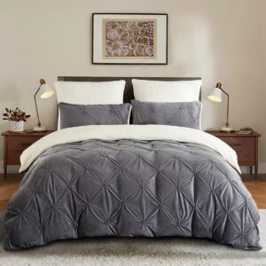 Nayoroom Velvet Duvet Cover Set Queen Size Gray Pinch Pleated Pintuck Reversible Sherpa Fleece Fluffy Comforter Cover 3Pcs Winter Warm Soft Flannel Fuzzy Bedding Set with Zipper Closure