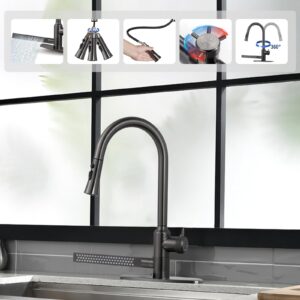 SUBMARINE Stainless Steel Brushed Nickel Kitchen Faucet, Pull Down Sprayer, Three Outlet Modes, with Waterfall Outlet, Single Hole Mounting Belt Base, Distinguish Between Cold and Hot Water (Gun gray)