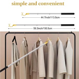 Cagaloi clothes hook pole，56inch adjustable extension pole.High Reach Garment Hook for Hanging Clothes Light and Plants Made of stainless steel, the pole is strong yet lightweight with a sponge handle