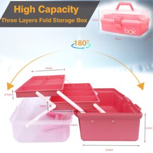 VOAUCEAN 12'' Three-Layer Folding Storage Box, Art Crafts Case,Organization Portable Handled Tool Box for Sewing,Makeup,Tackle,Medical Supply Organizer (Pink)